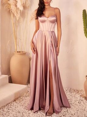 Long Elegant Mauve Pink Satin Corset Evening Dress